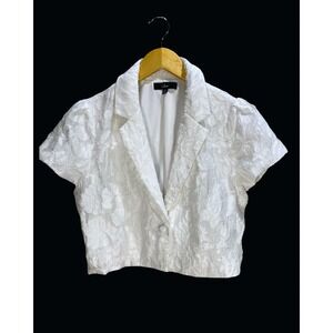 Lulus White Floral Jacquard Cropped Blazer Short Sleeve Puff Shoulder Medium